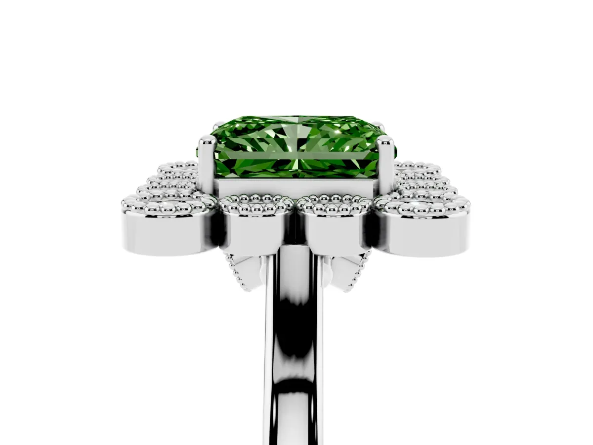 Fancy Green Radiant Cut Halo Diamond Cluster Engagement Ring with Milgrain Bezel Setting and Solitaire Band White gold