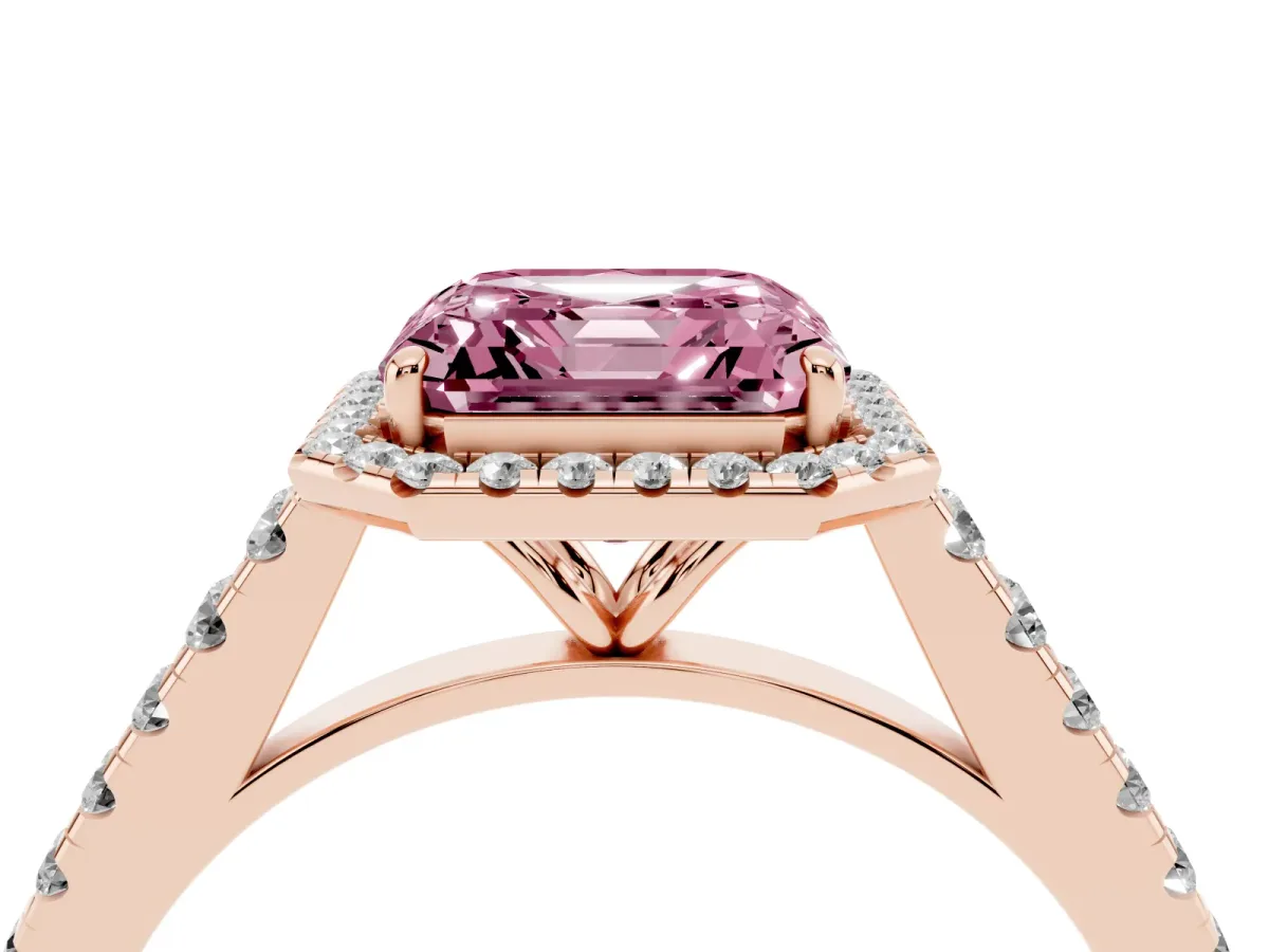 Fancy Pink Asscher Cut Halo Pave Diamond Engagement Ring with Four-Prong Setting Rose gold