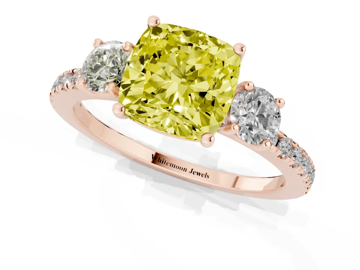Fancy Yellow Three-Stone Cushion Cut Cut Diamond Pavé Band with Prong Setting Rose gold