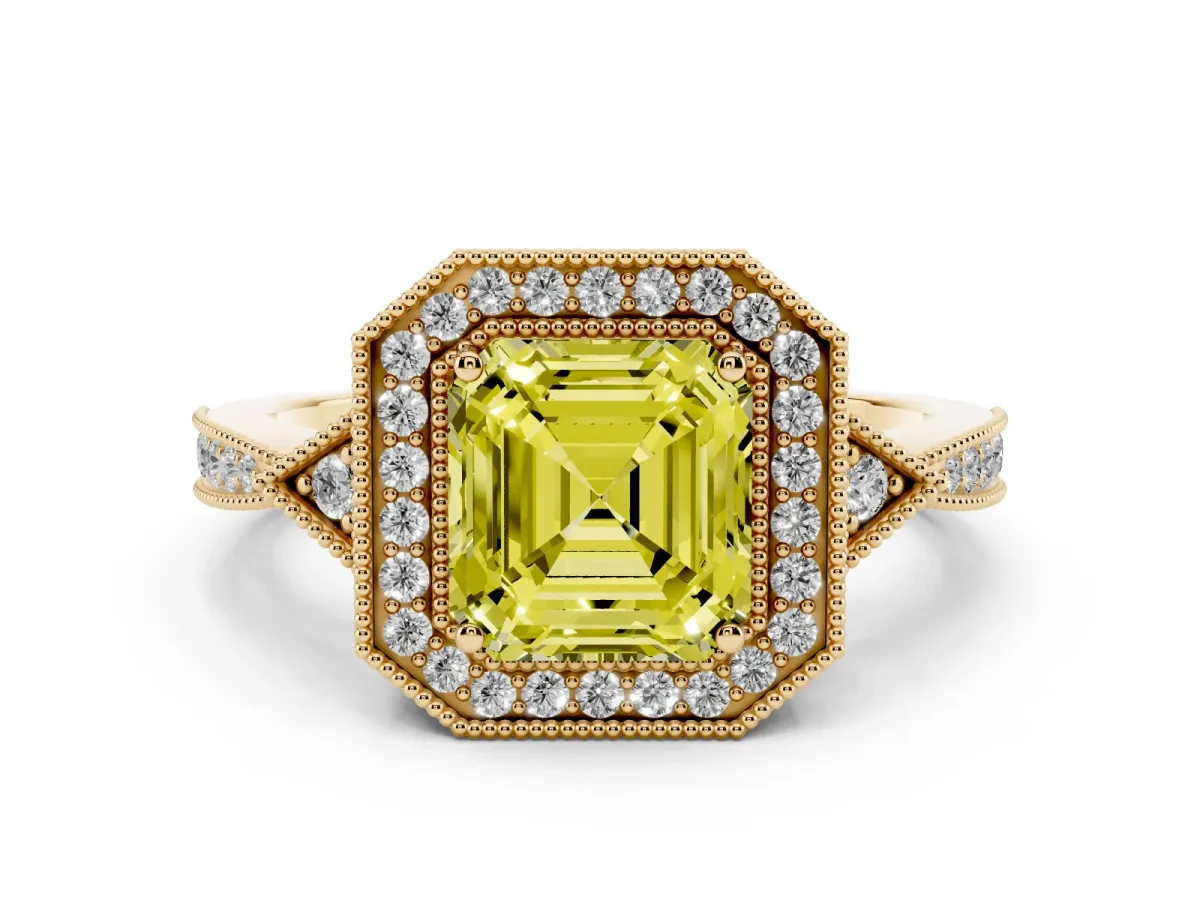 Fancy Yellow Asscher Cut Halo Round Diamond Milgrain Pave Engagement Ring Yellow gold