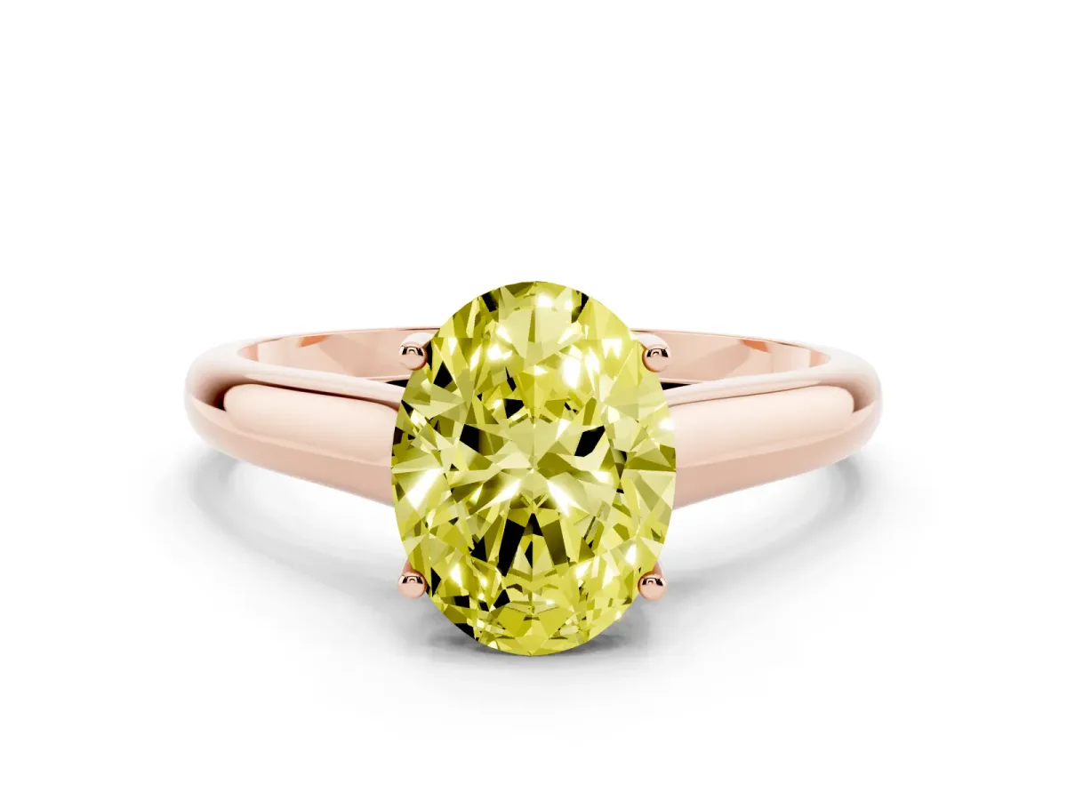 Fancy Yellow Oval Cut Solitaire Engagement Ring with Tapered Band and Four-Prong Setting Rose gold