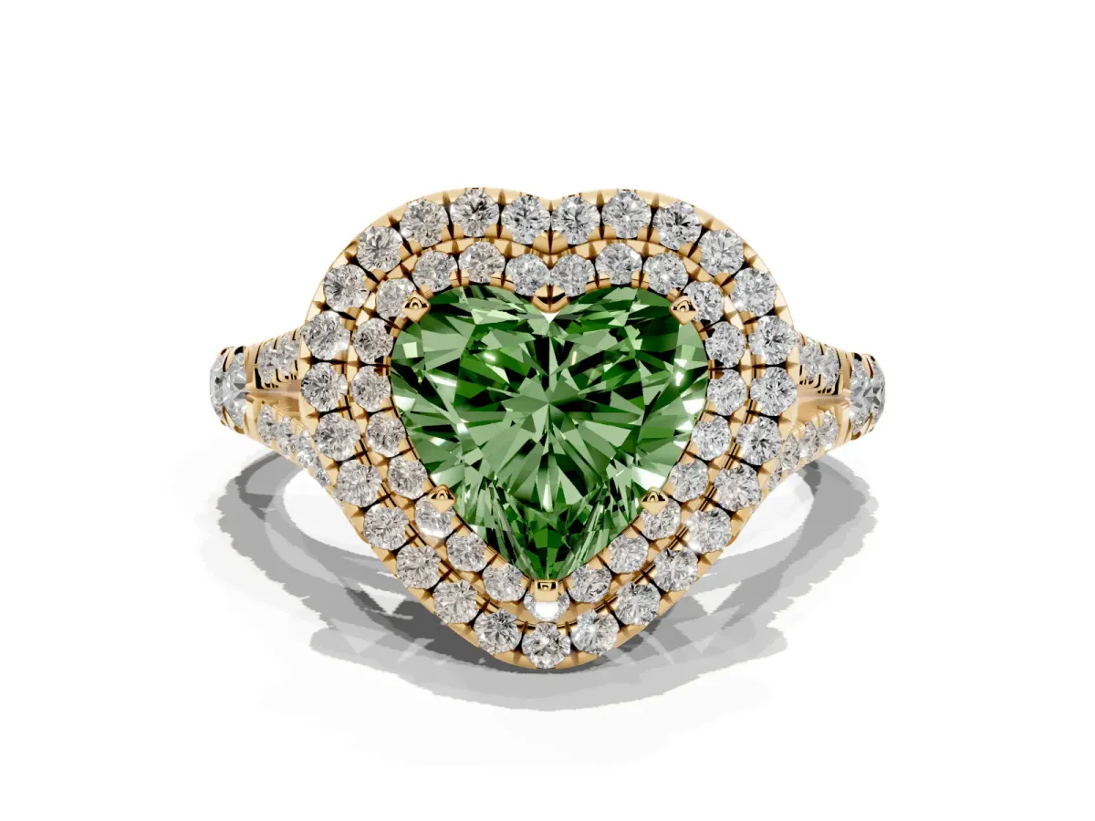 Fancy Green Double Halo Heart Cut Diamond Split Shank Engagement Ring with Four-Prong Setting Yellow gold