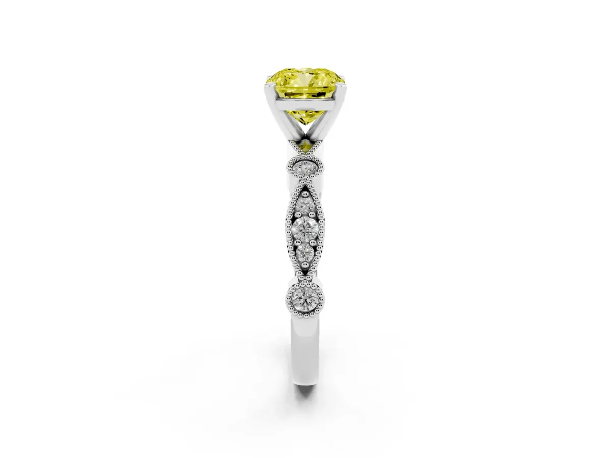 Fancy Yellow Cushion Cut Milgrain Bezel Diamond Engagement Ring with Solitaire Prong Setting Silver