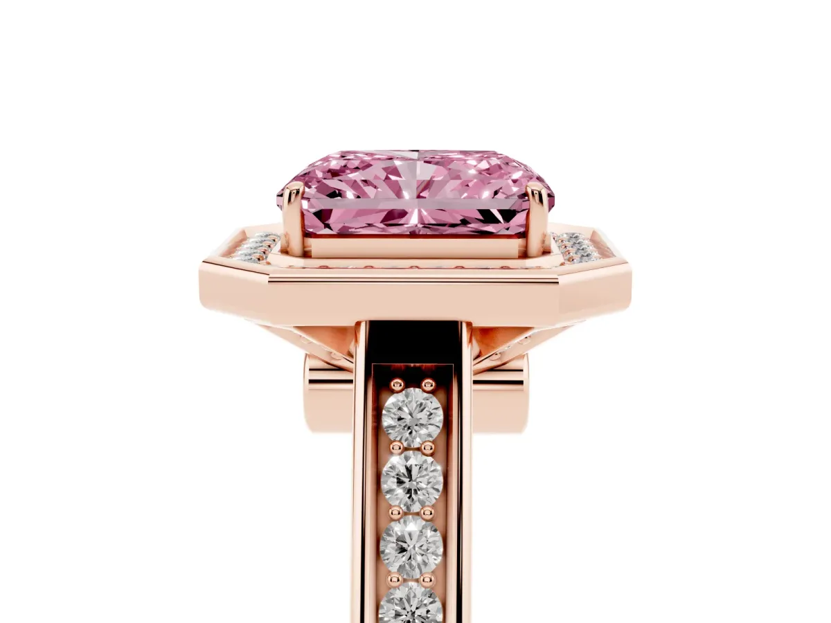 Fancy Pink Emerald Cut Halo Solitaire Diamond Ring with Pave Band and Bezel Setting Rose gold