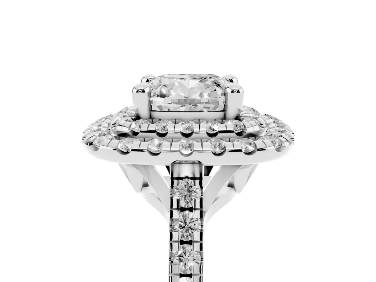 Double Halo Cushion Cut Diamond Pavé Band with Four-Prong Setting Silver