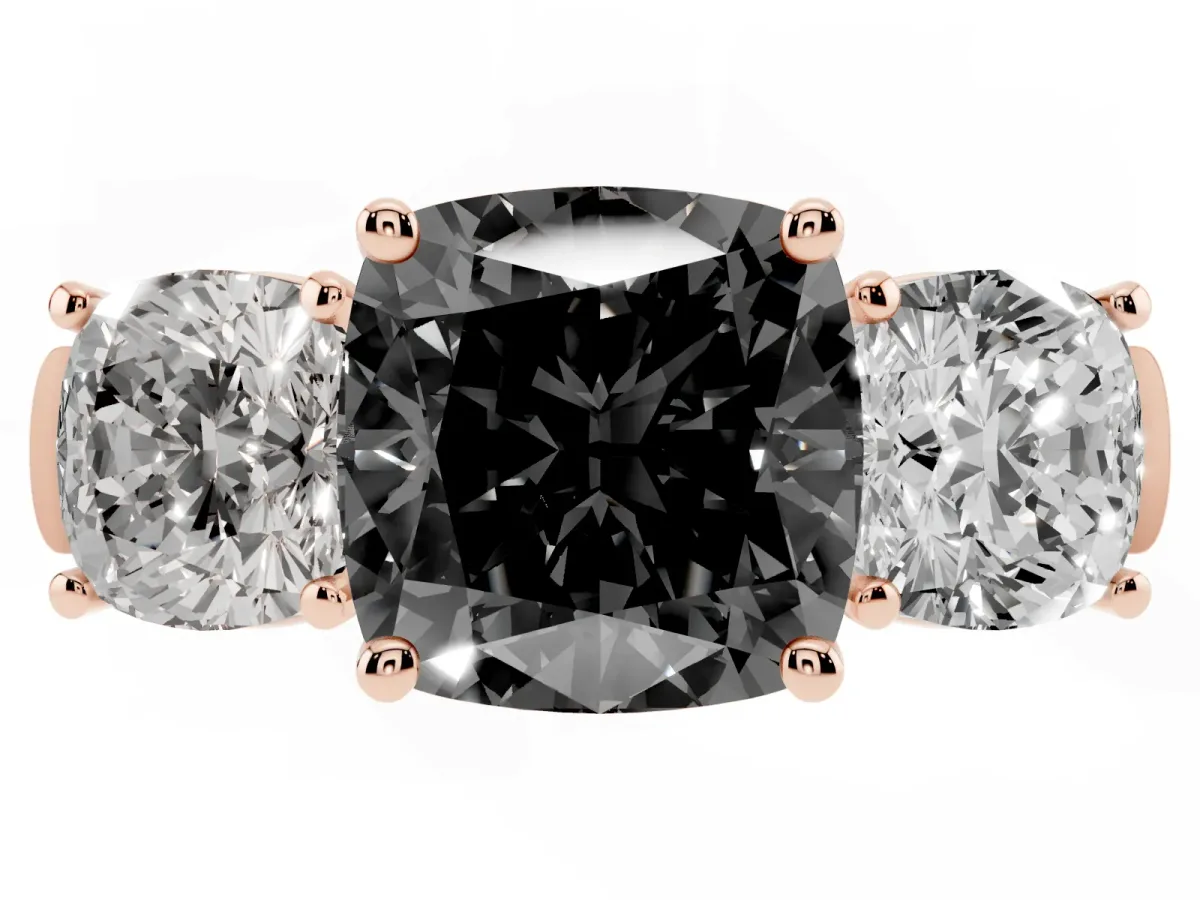Fancy Black Three-Stone Cushion Cut Brilliant Diamond Trellis Ring with Comfort Fit Band Rose gold