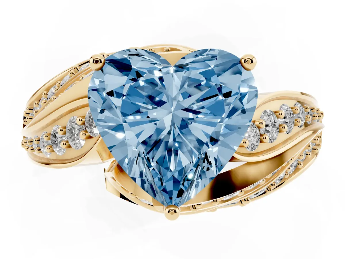 Fancy Blue Heart Cut Diamond Solitaire Ring with Prong Setting and Twisted Pavé Band Yellow gold