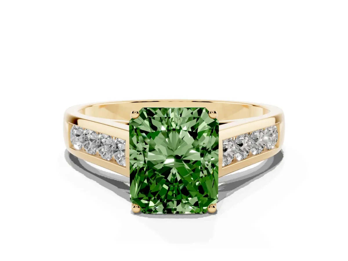 Fancy Green Radiant Cut Brilliant Channel-Set Solitaire Ring with Four-Prong Setting Yellow gold