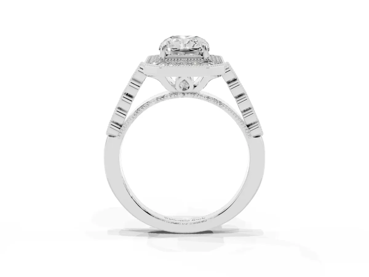 Radiant Cut Halo Milgrain Solitaire with Bezel Set Side Stones and Pave Band Platinum