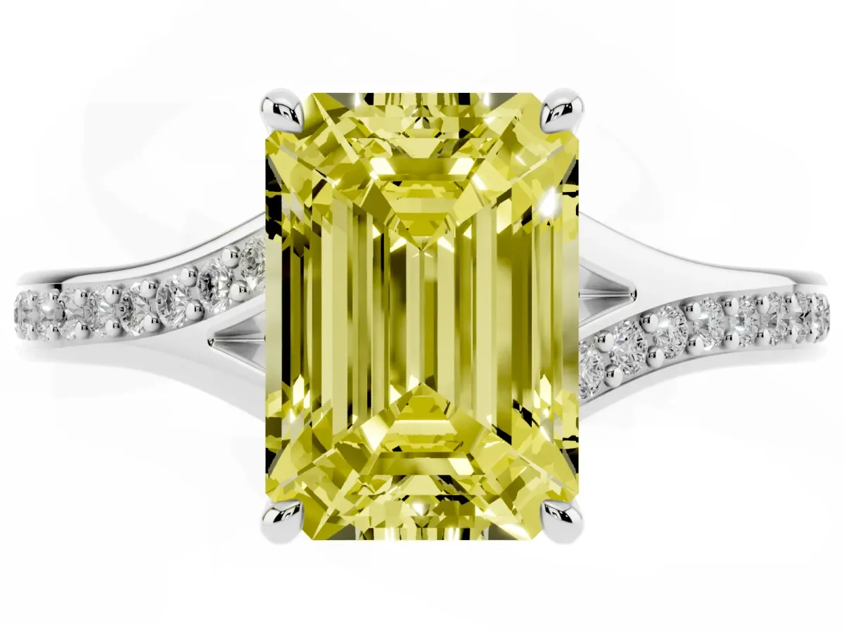 Fancy Yellow Emerald Cut Diamond Solitaire Ring with Pavé Band and Prong Setting Silver