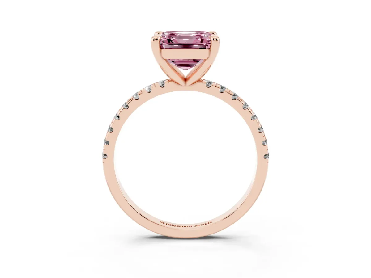Fancy Pink Asscher Cut Diamond Brilliant Solitaire Ring with Pavé Band and Four-Prong Setting Rose gold