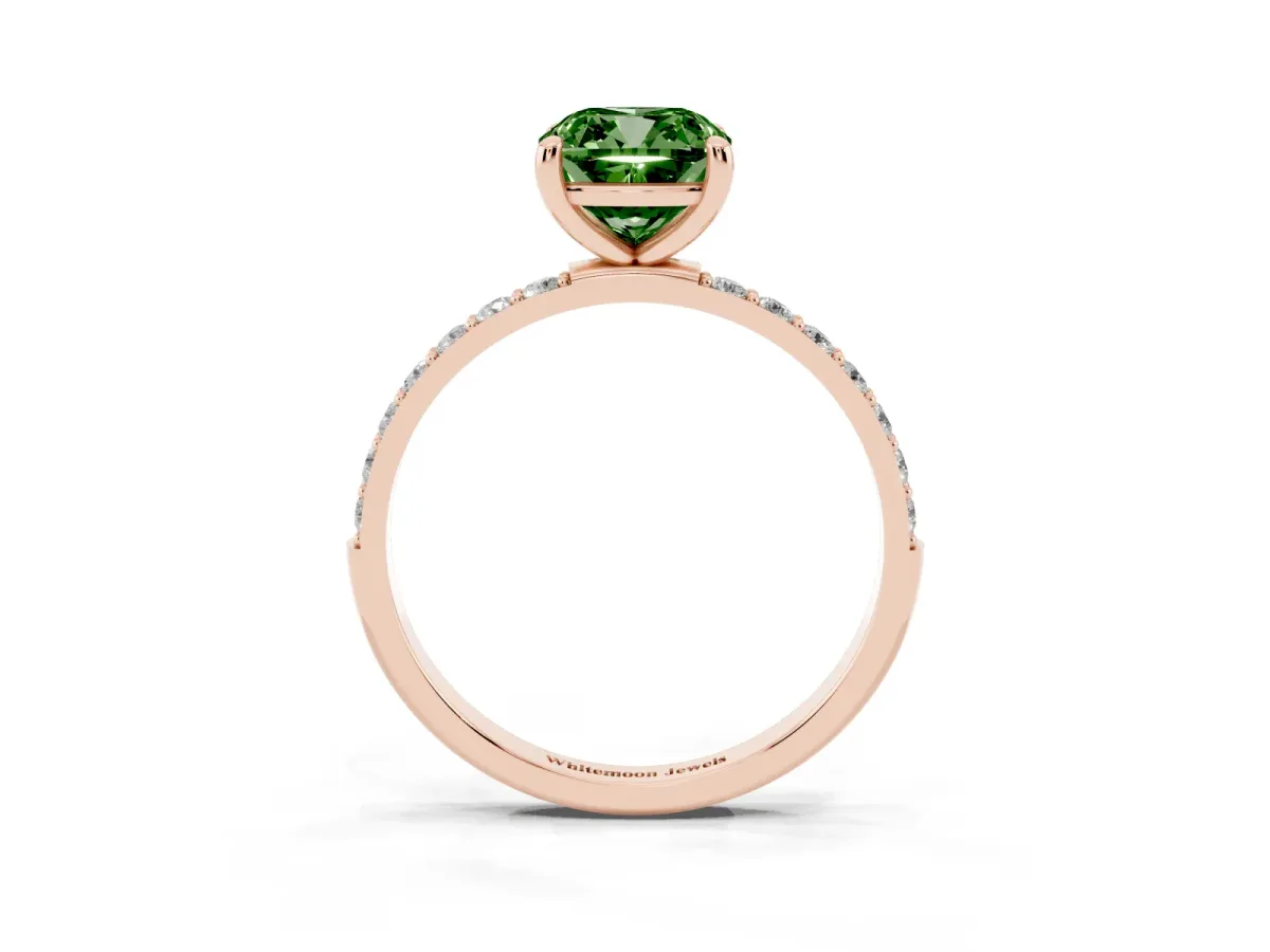 Fancy Green Cushion Cut Diamond Solitaire Ring with Round Pavé Band and Prong Setting Rose gold