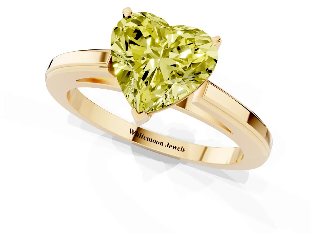 Fancy Yellow Heart Cut Solitaire Diamond Ring with Four-Prong Setting and Classic Band Yellow gold