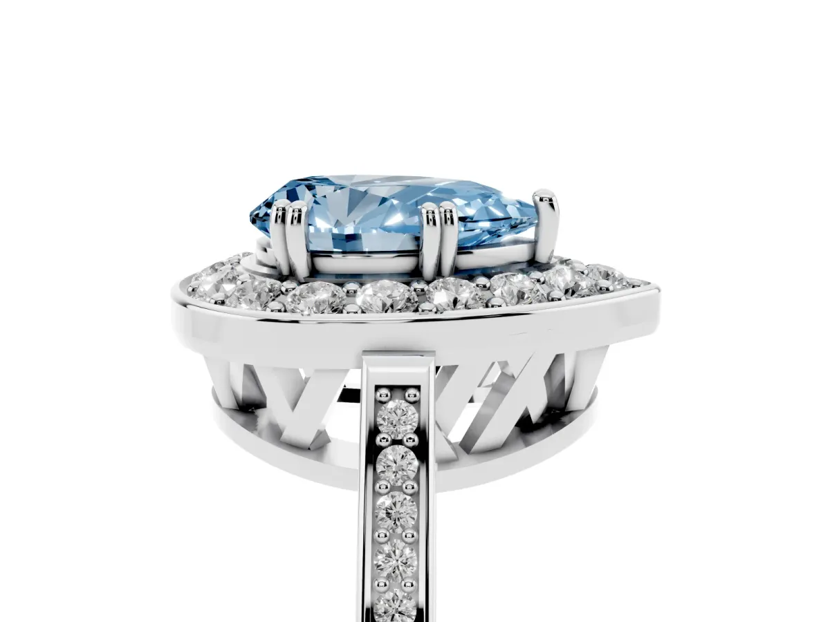 Fancy Blue Pear Cut Diamond Halo Ring with Split Shank and Four-Prong Setting Platinum
