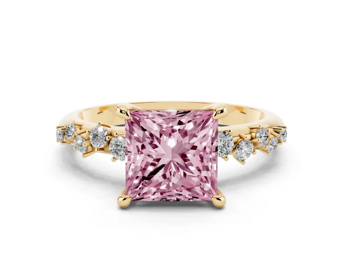 Fancy Pink Princess Cut Cut Diamond Vine Band with Four-Prong Setting Yellow gold