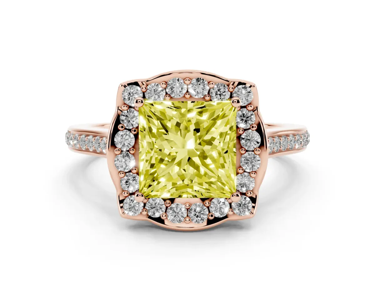 Fancy Yellow Princess Cut Halo Round Diamond Pave Band with Four-Prong Setting Rose gold