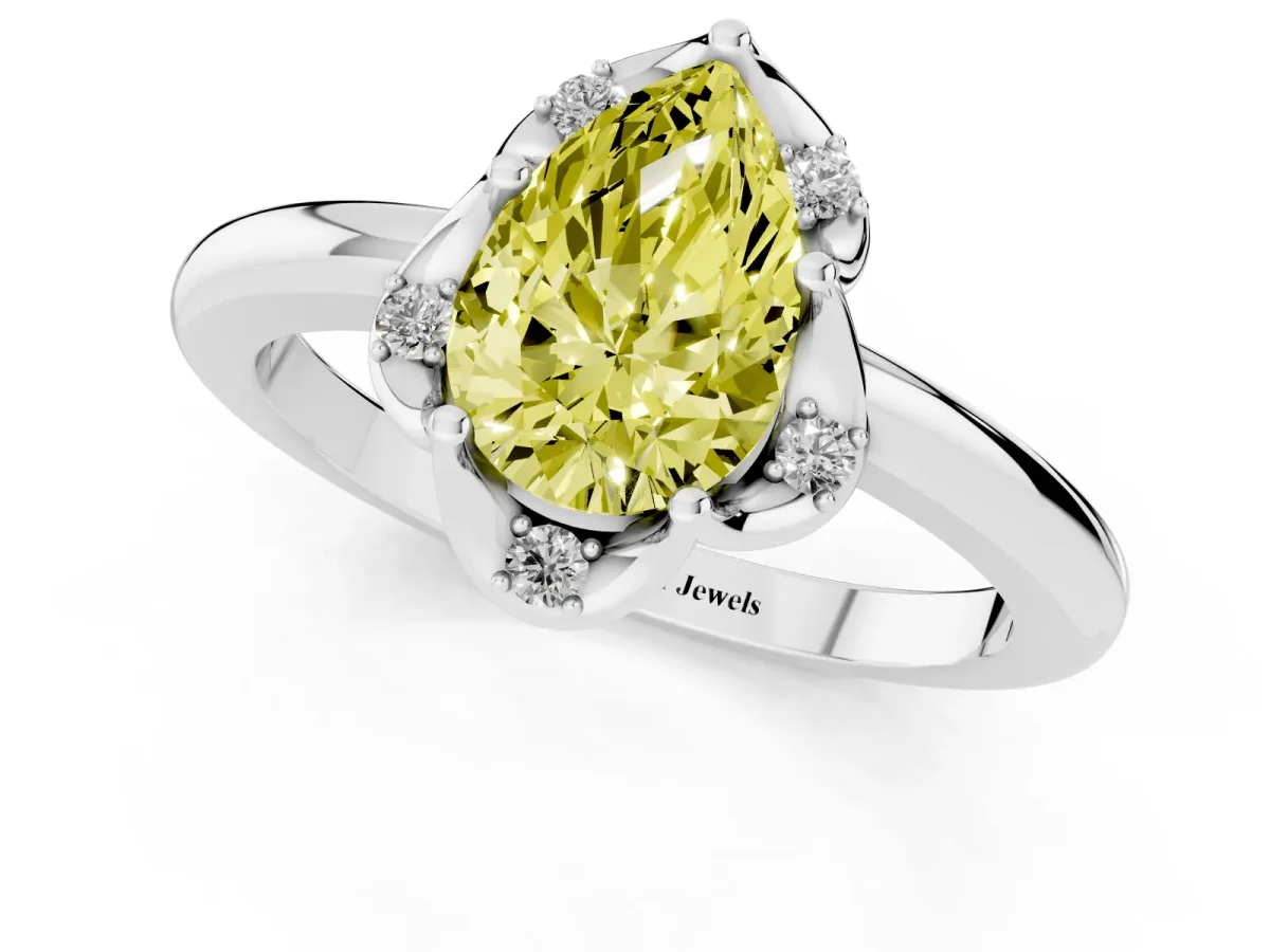 Fancy Yellow Pear Cut Halo Diamond Ring with Round Cluster Setting, Solitaire Band, and Four-Prong Setting Platinum