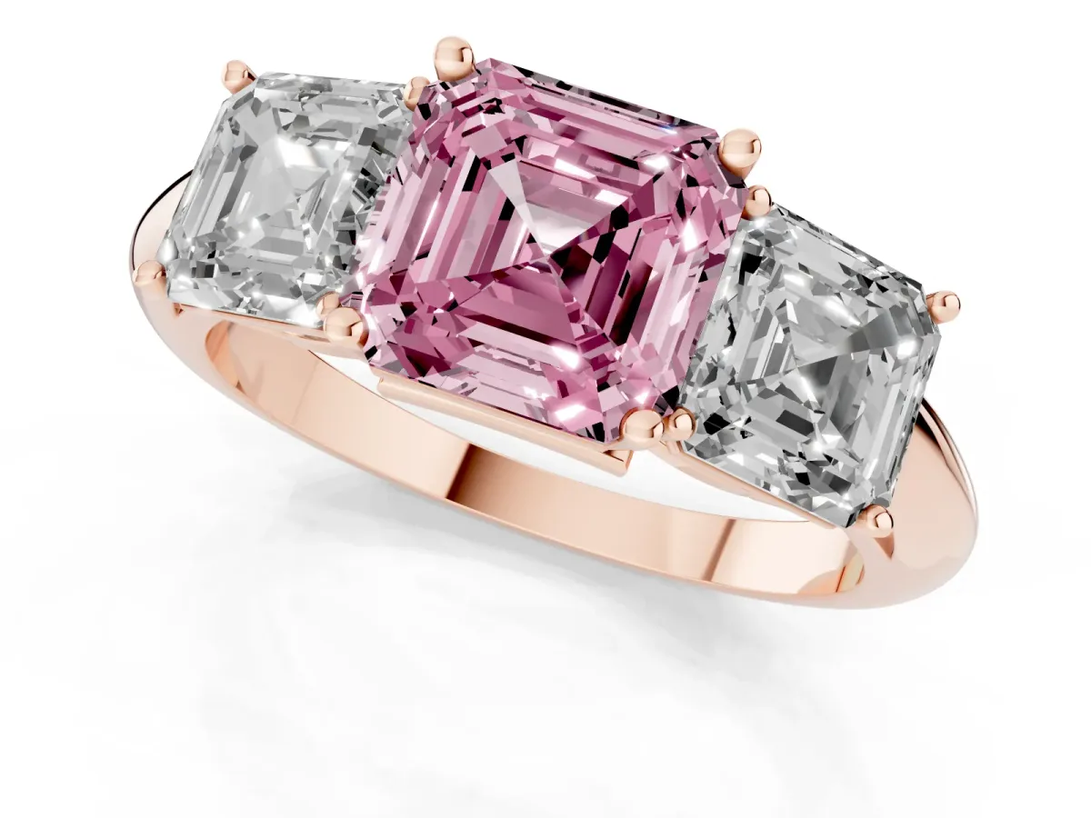 Fancy Pink Three-Stone Asscher Cut Cut Diamond Engagement Ring with Prong Setting on a White Gold Band Rose gold