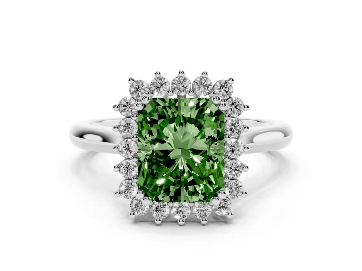 Fancy Green Radiant Cut Cut Diamond Halo Ring with Solitaire Band and Prong Setting Silver