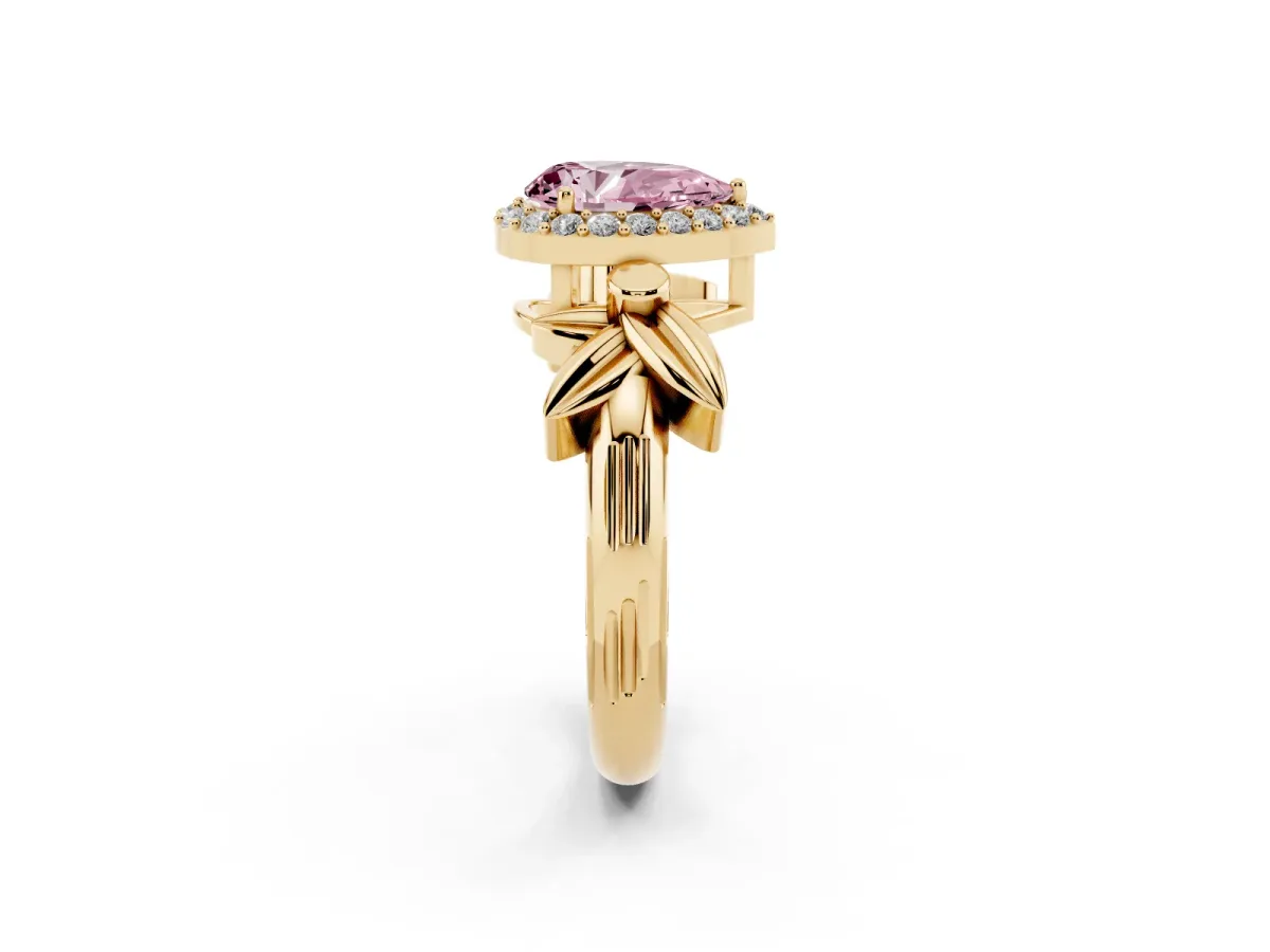 Fancy Pink Pear Cut Halo Diamond Floral Band with Four-Prong Setting Yellow gold