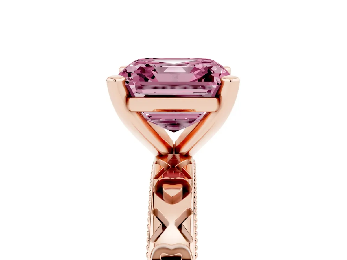 Fancy Pink Asscher Cut Solitaire Diamond Engagement Ring with XO Engraved Band and Four-Prong Setting Rose gold