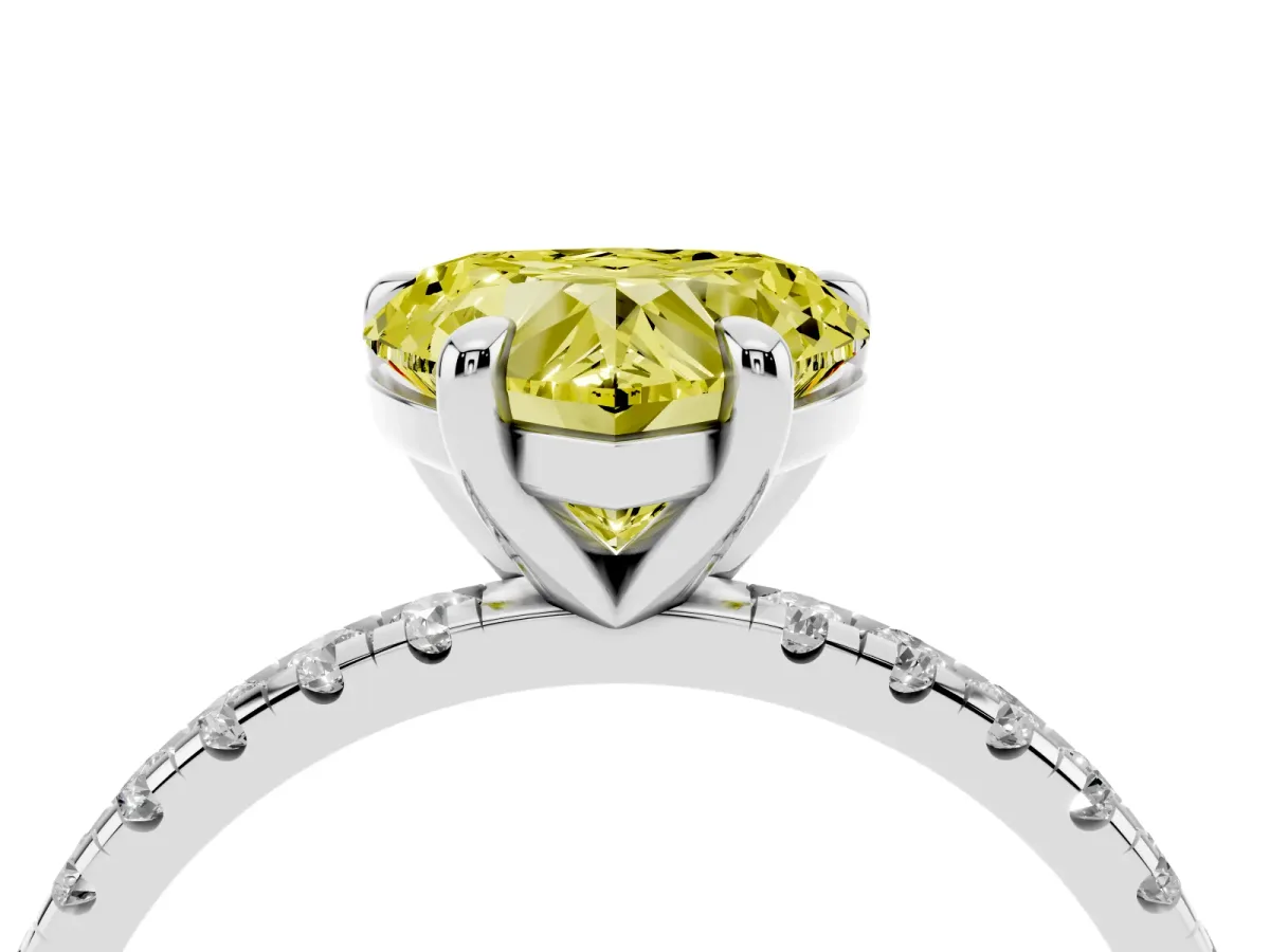 Fancy Yellow Heart Cut Diamond Brilliant Solitaire Ring with Pavé Band and Four-Prong Setting Platinum