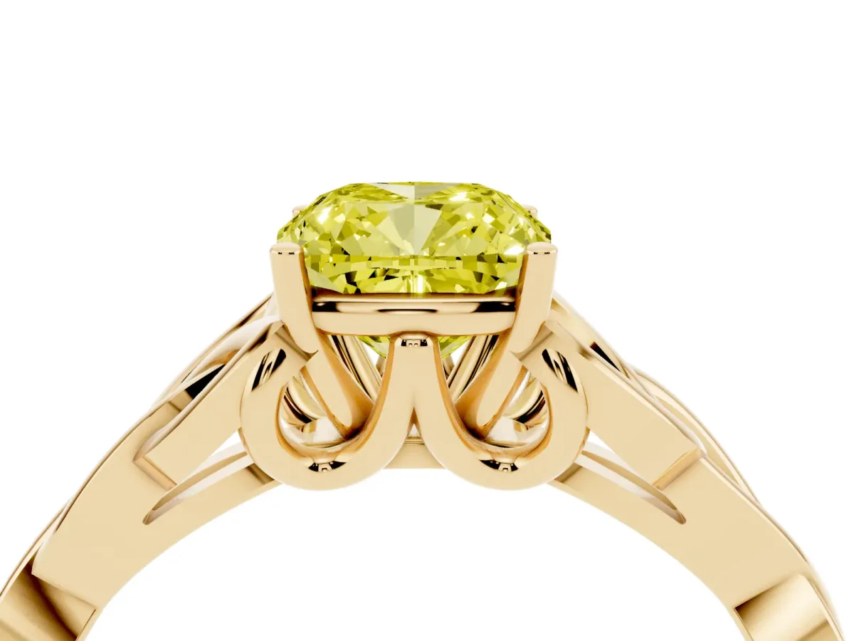 Fancy Yellow Cushion Cut Diamond Solitaire Engagement Ring with Celtic Knot Band and Four-Prong Setting Yellow gold