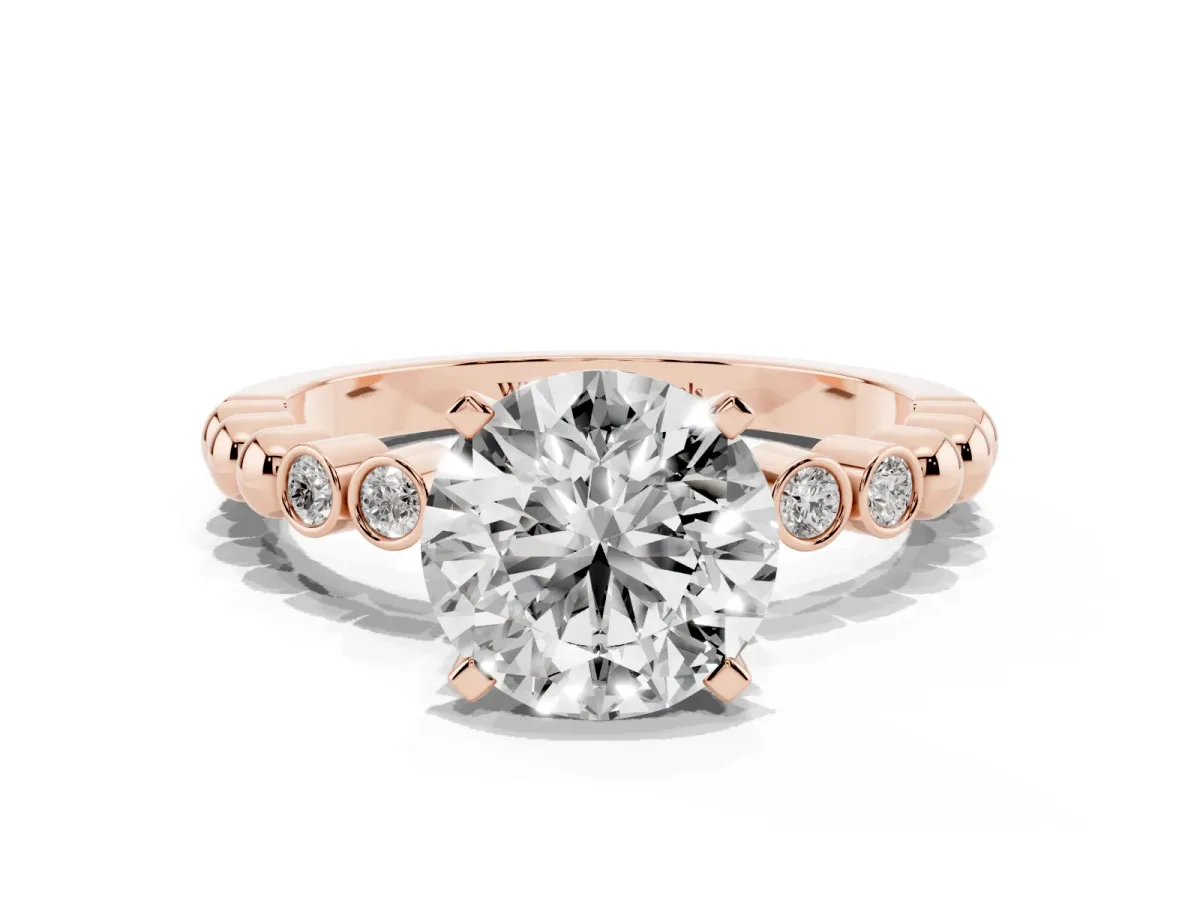 Round Cut Solitaire Bezel Accent Diamond Engagement Ring with Beaded Band and Four-Prong Setting Rose gold
