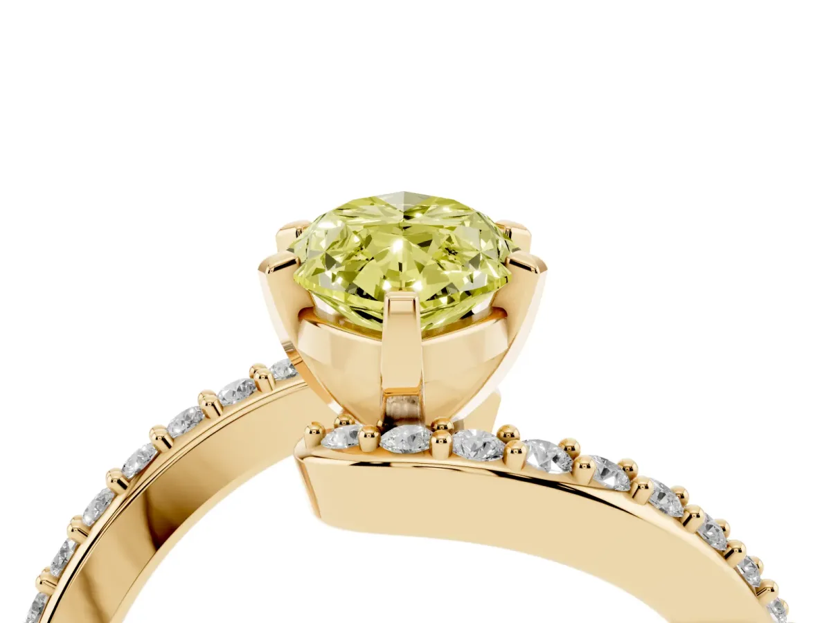 Fancy Yellow Marquise Cut Solitaire Twist Band with Pave Set Diamonds and Four-Prong Setting Yellow gold