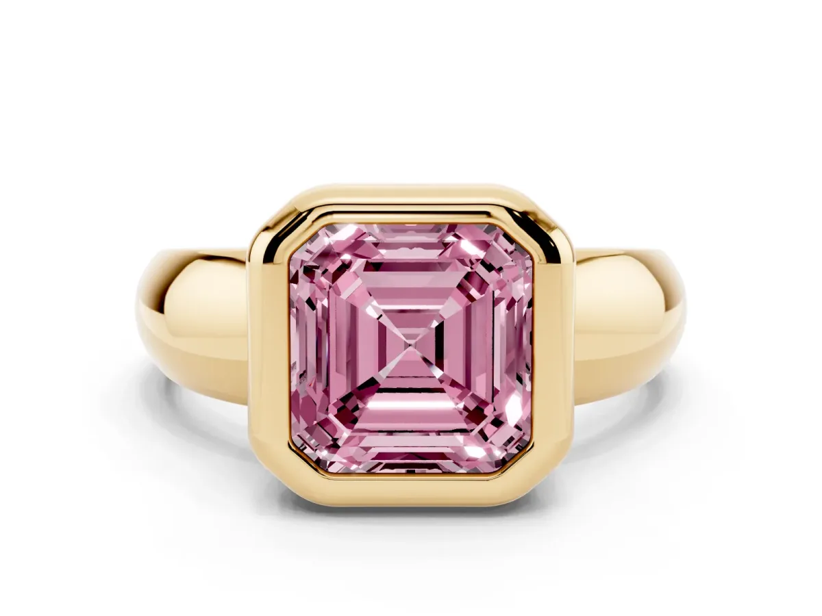 Fancy Pink Bezel Set Asscher Cut Solitaire Ring with Wide Band Yellow gold