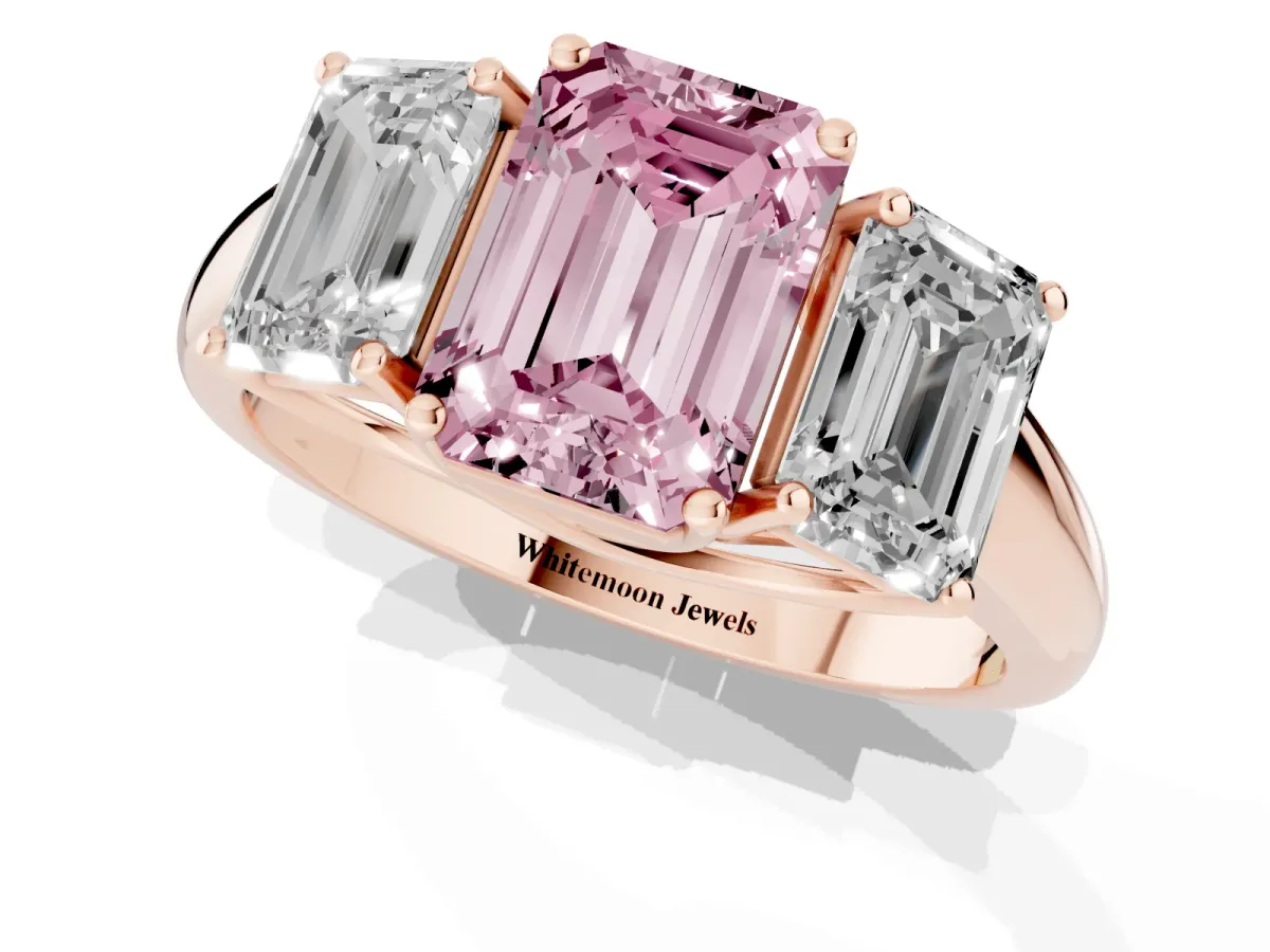 Fancy Pink Three-Stone Emerald Cut Diamond Engagement Ring with Prong Setting Rose gold