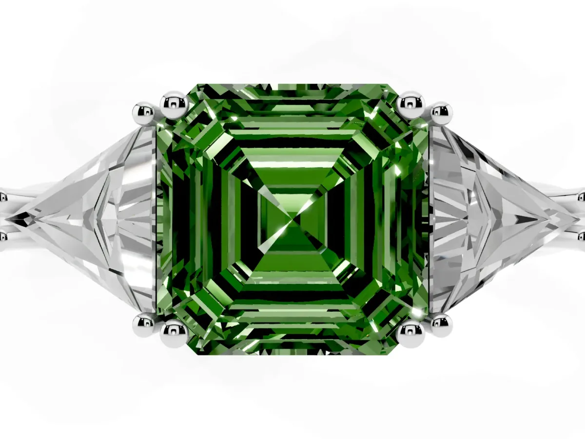 Fancy Green Three-Stone Asscher Cut Diamond Engagement Ring with Trillion Side Stones and Prong Setting Silver