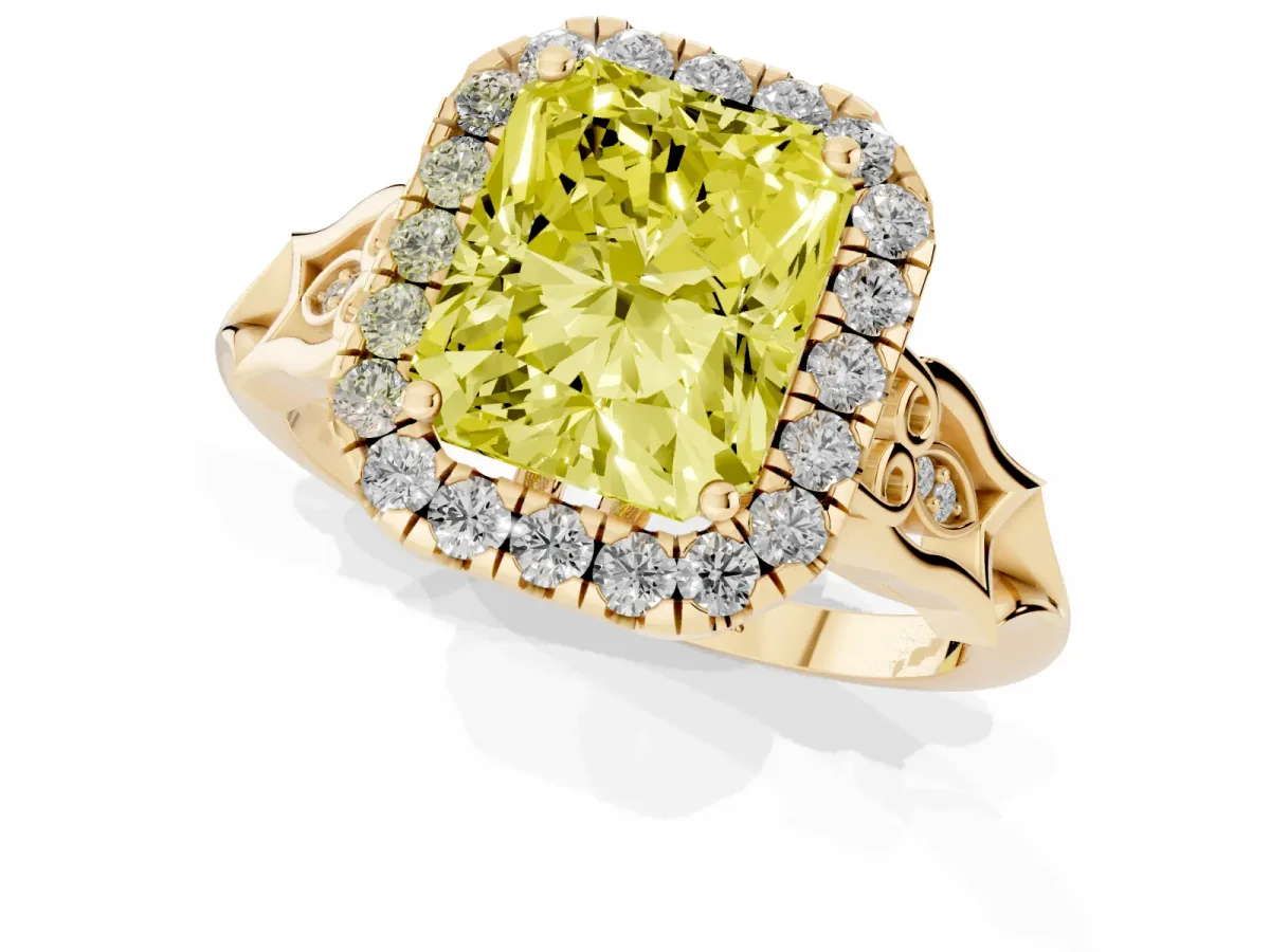 Fancy Yellow Radiant Cut Halo Diamond Engagement Ring with Filigree Band and Four-Prong Setting Yellow gold
