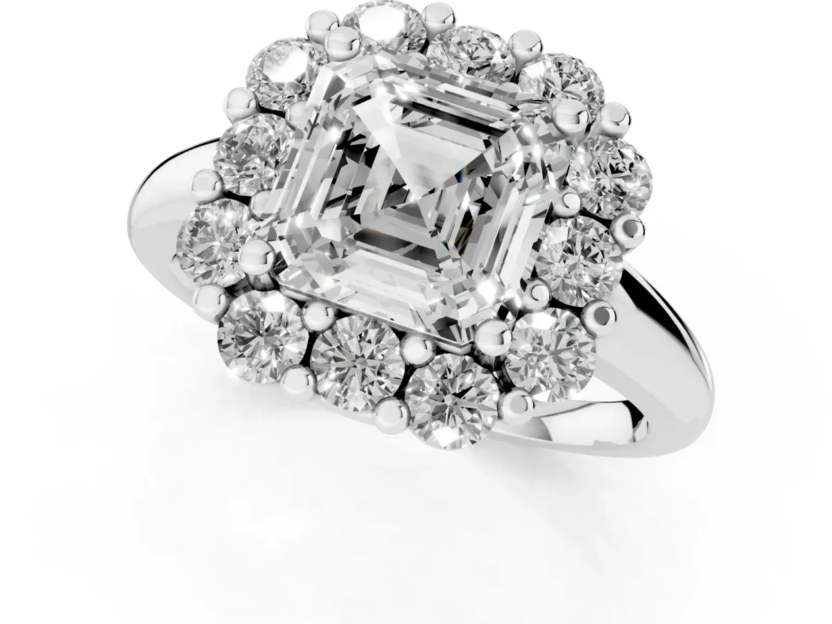 Asscher Cut Halo Cluster Diamond Engagement Ring with Prong Setting and Polished Band White gold
