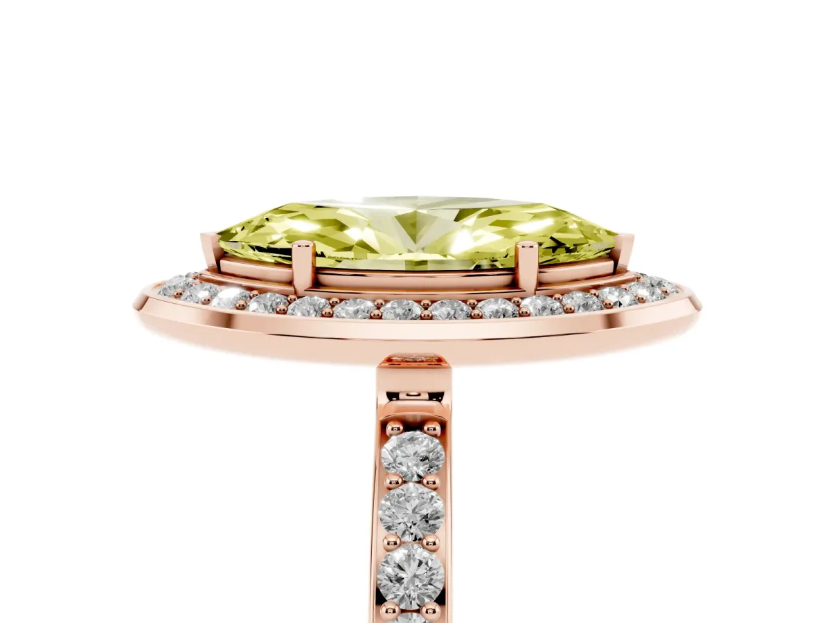 Fancy Yellow Marquise Cut Diamond Halo Ring with Bezel Frame and Pavé Band Rose gold