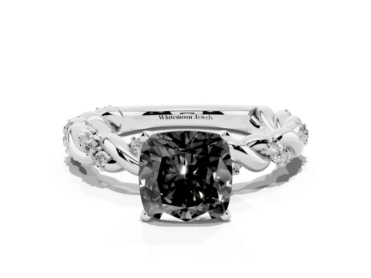 Fancy Black Cushion Cut Diamond Solitaire Ring with Twisted Band and Pavé Accents White gold