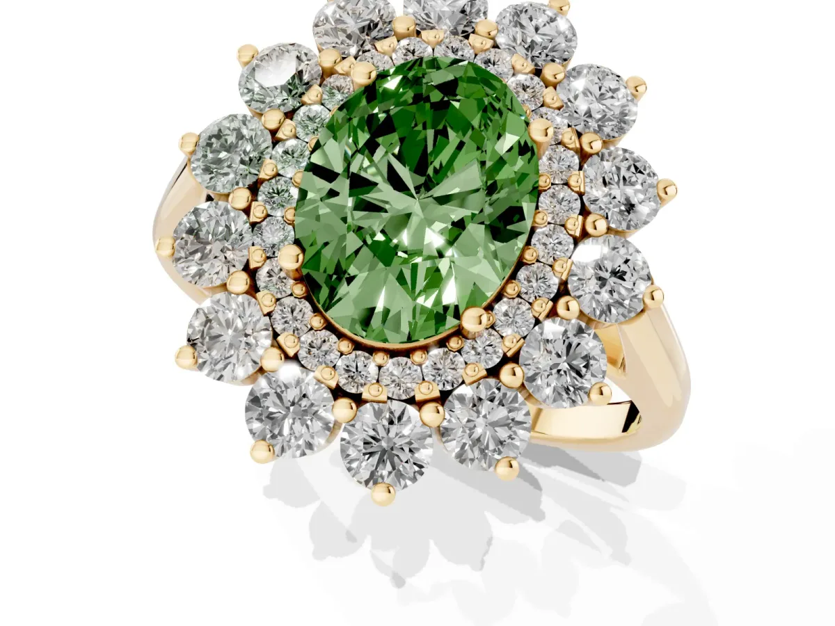 Fancy Green Oval Cut Diamond Floral Double Halo Engagement Ring with Prong Setting Yellow gold
