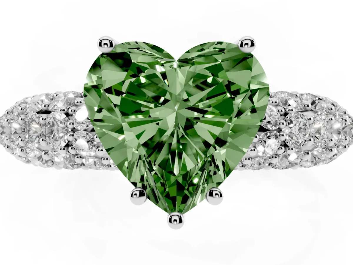Fancy Green Heart Cut Diamond Pavé Band Solitaire Ring with Four-Prong Setting Silver