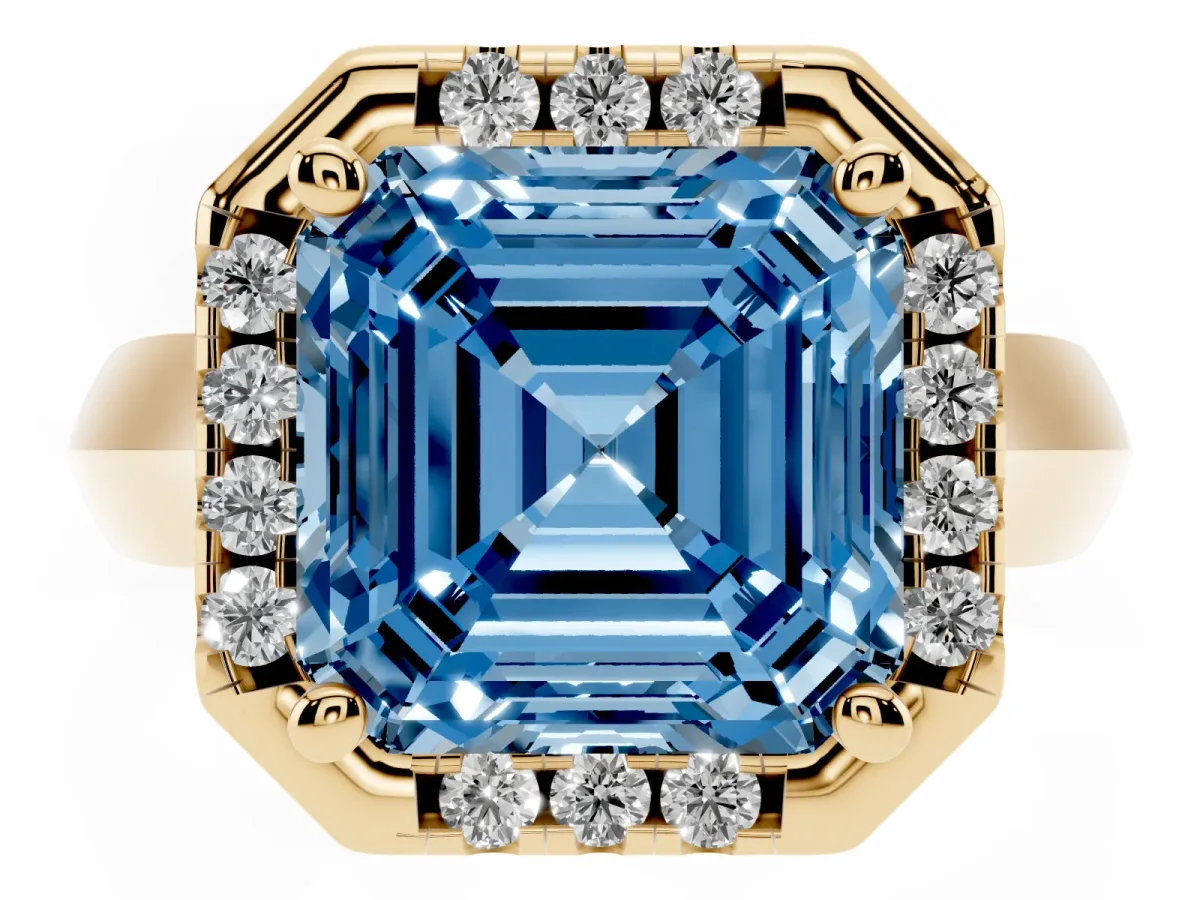 Fancy Blue Asscher Cut Cut Halo Solitaire Engagement Ring with Square Band and Four-Prong Setting Yellow gold