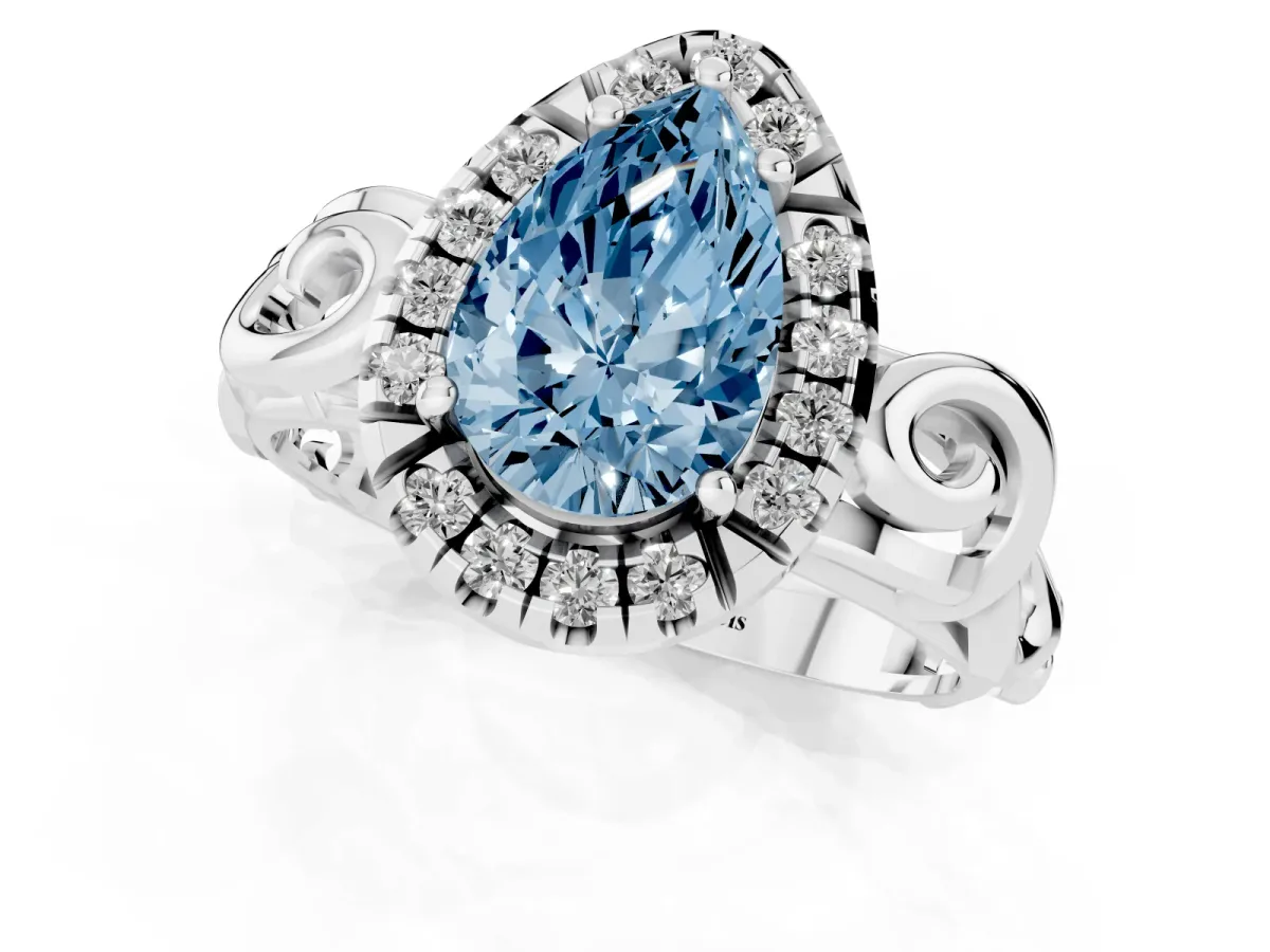 Fancy Blue Pear Cut Cut Halo Diamond Ring with Scrollwork Band and Four-Prong Setting Silver