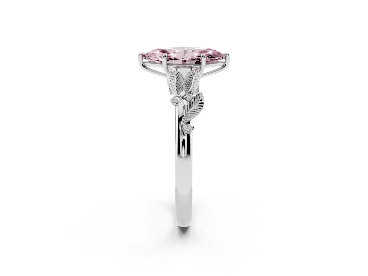 Fancy Pink Marquise Cut Diamond Solitaire Ring with Leaf Motif Band and Four-Prong Setting Silver