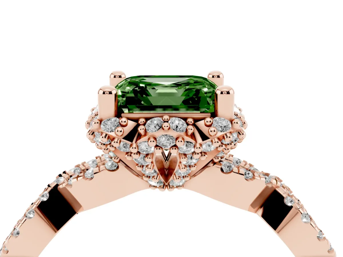 Fancy Green Asscher Cut Halo Twist Band Solitaire Ring with Six-Prong Setting Rose gold
