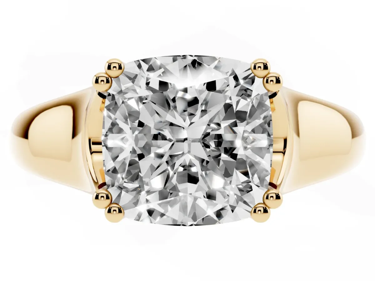 Cushion Cut Diamond Solitaire Ring with Wide Band and Prong Setting Yellow gold