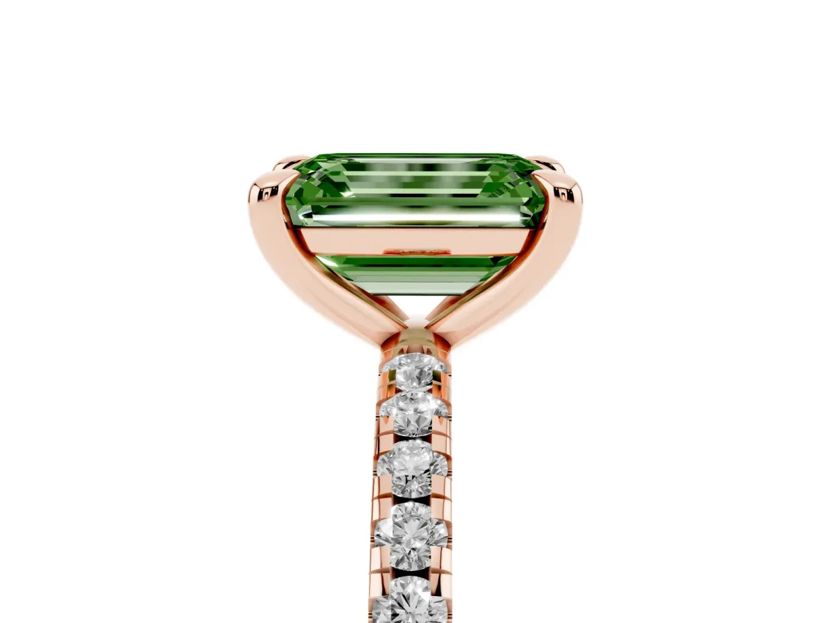 Fancy Green Emerald Cut Diamond Brilliant Solitaire Ring with Pavé Band and Four-Prong Setting Rose gold