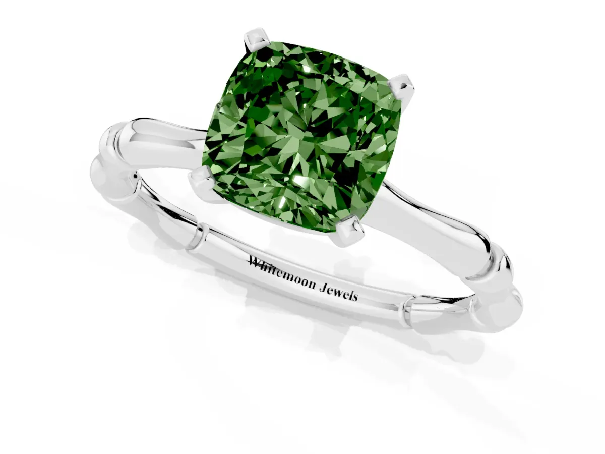 Fancy Green Cushion Cut Solitaire Diamond Ring with Bamboo Band and Four-Prong Setting Silver