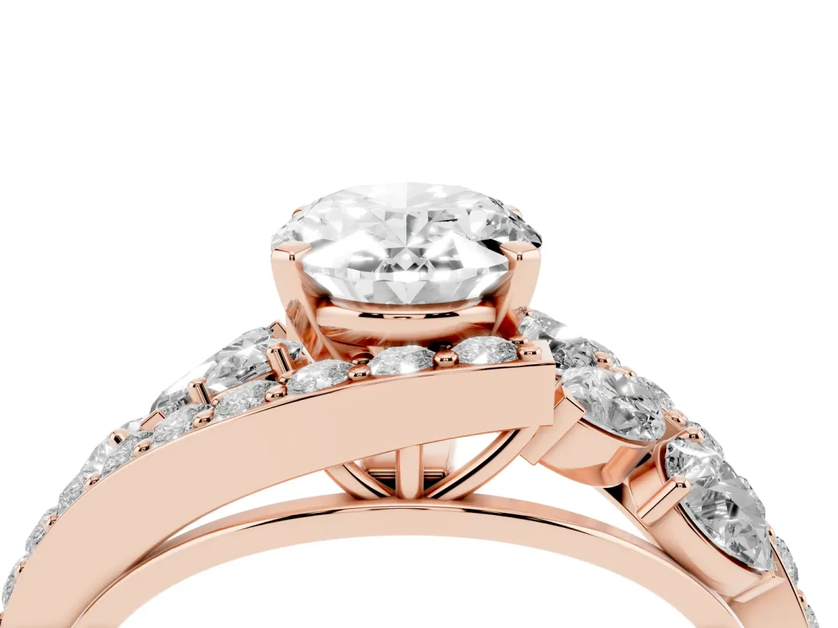 Oval Cut Diamond Halo Ring with Marquise and Pavé Band in Prong Setting Rose gold