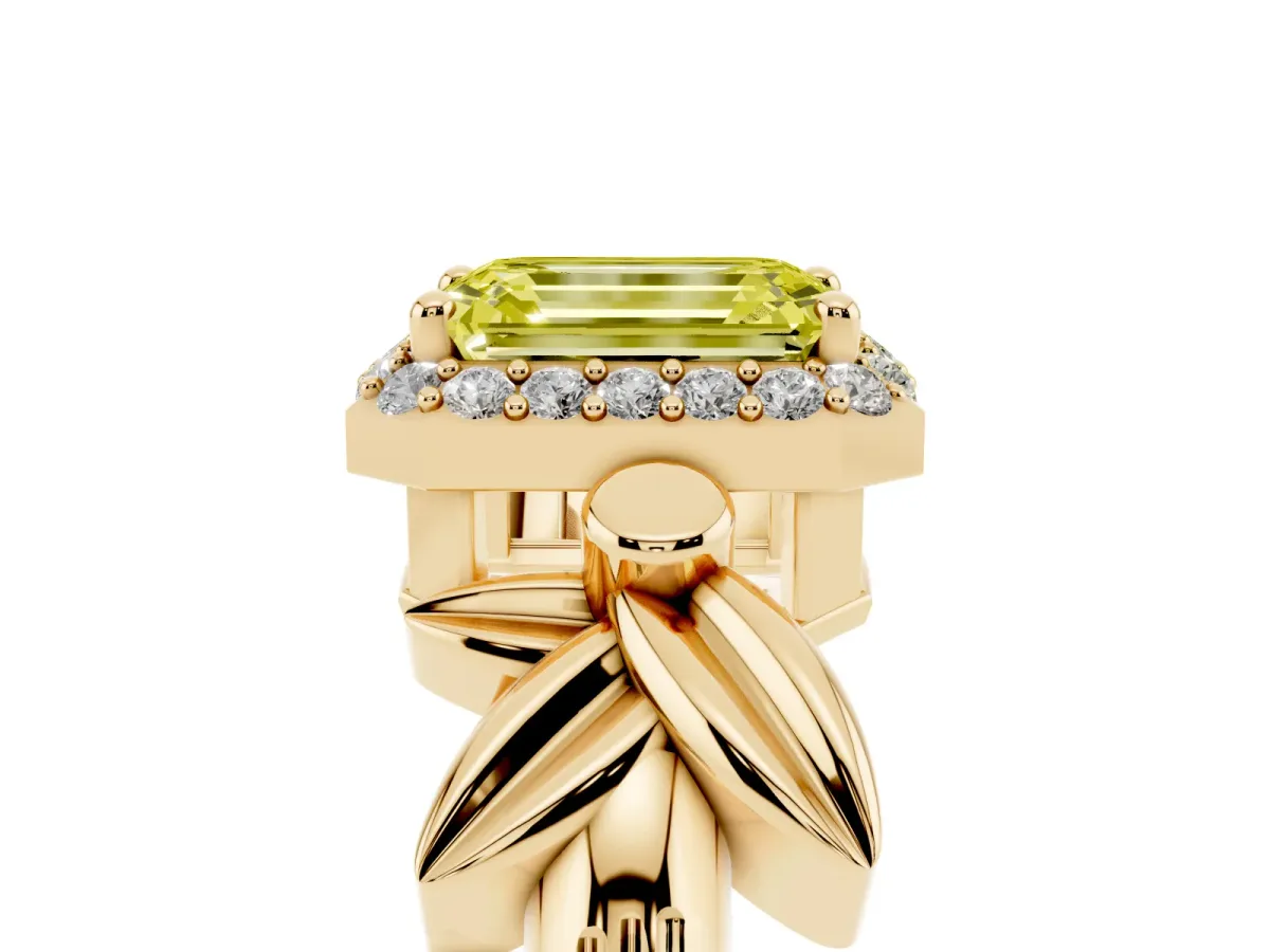 Fancy Yellow Emerald Cut Halo Diamond Floral Band with Four-Prong Setting Yellow gold