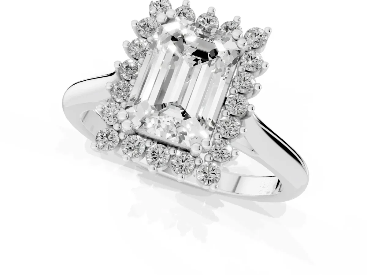 Emerald Cut Cut Diamond Halo Ring with Solitaire Band and Prong Setting Silver