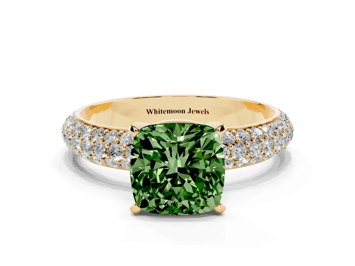 Fancy Green Cushion Cut Diamond Solitaire Ring with Prong Setting and Pavé Band Yellow gold
