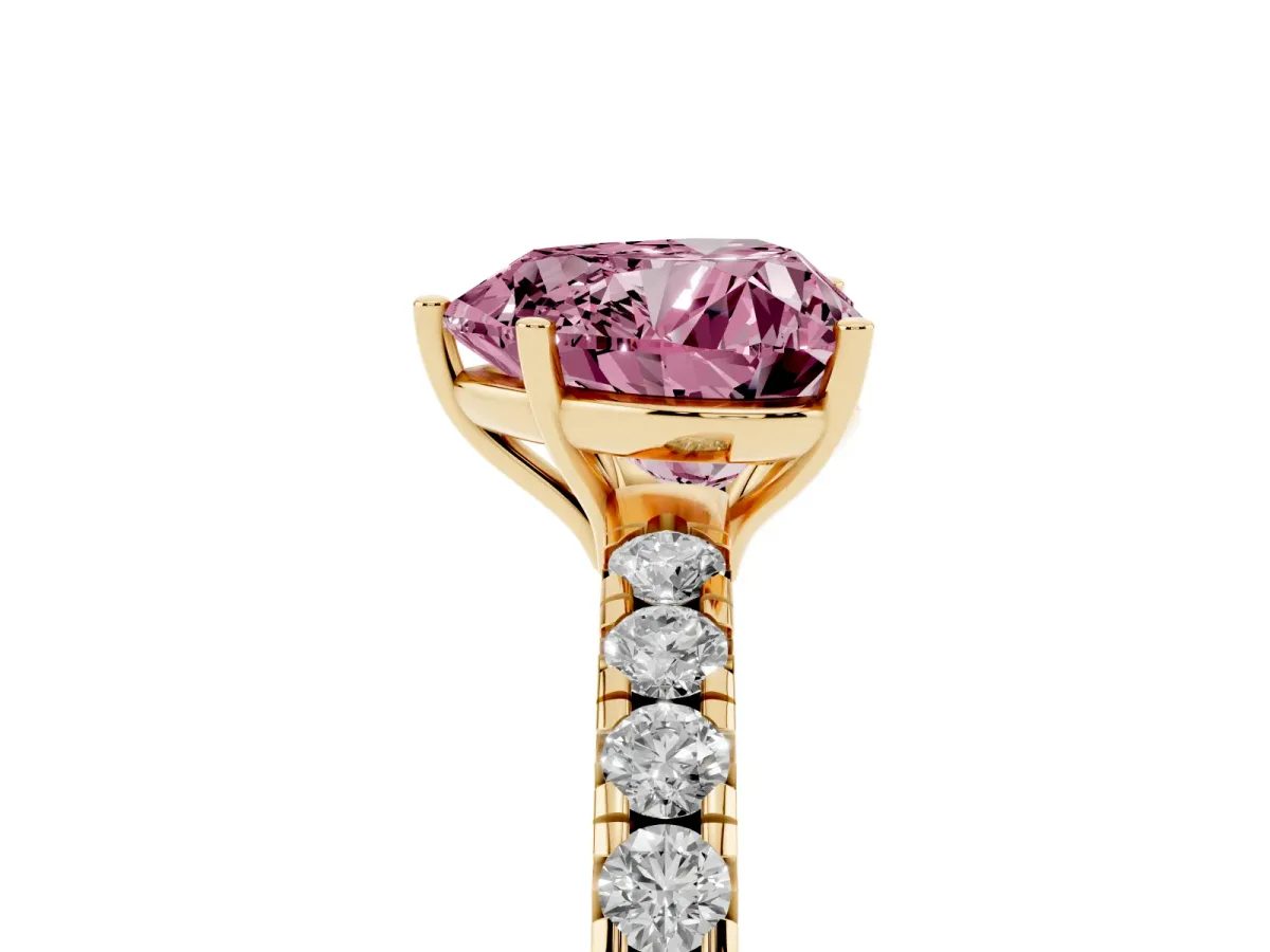 Fancy Pink Heart Cut Diamond Pavé Solitaire Engagement Ring with Four-Prong Setting Yellow gold